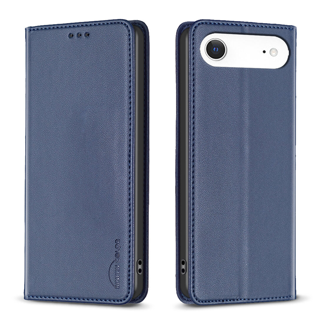 Zwei Ansichten des iPhone 17 Air - BINFEN Flip Case Hülle von BINFEN Color in Blau - eine geschlossen, eine geöffnet, die das Telefon im Inneren zeigt - diese elegante Kunstlederhülle schützt Ihr Gerät und verleiht ihm gleichzeitig einen Hauch von Klasse.
