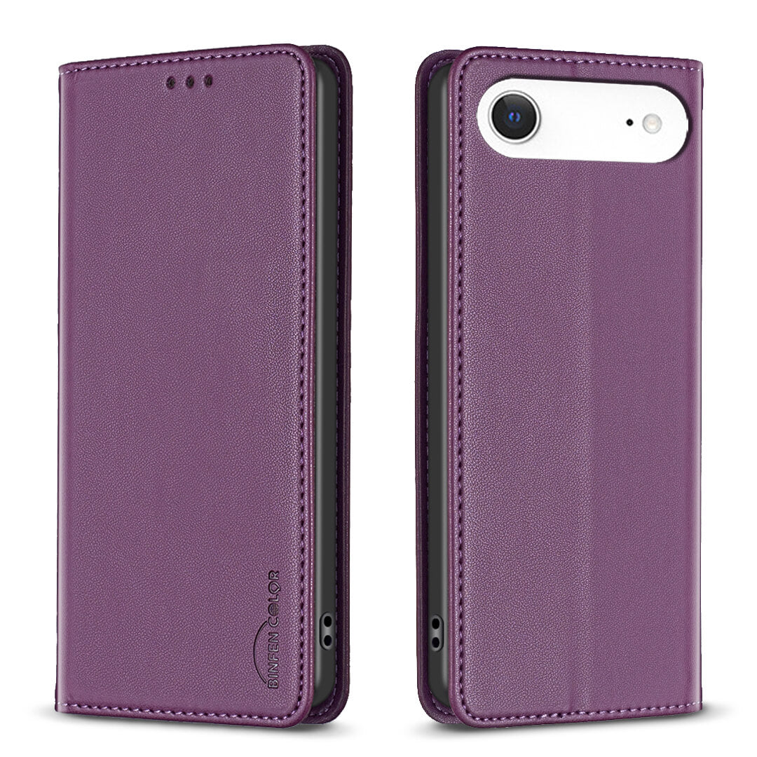 Das iPhone 17 Air - BINFEN Flip Case Hülle von BINFEN Color in lila Kunstleder schützt stilvoll ein weißes iPhone 17 Air, wie es in der Vorder- und Rückansicht dargestellt wird.