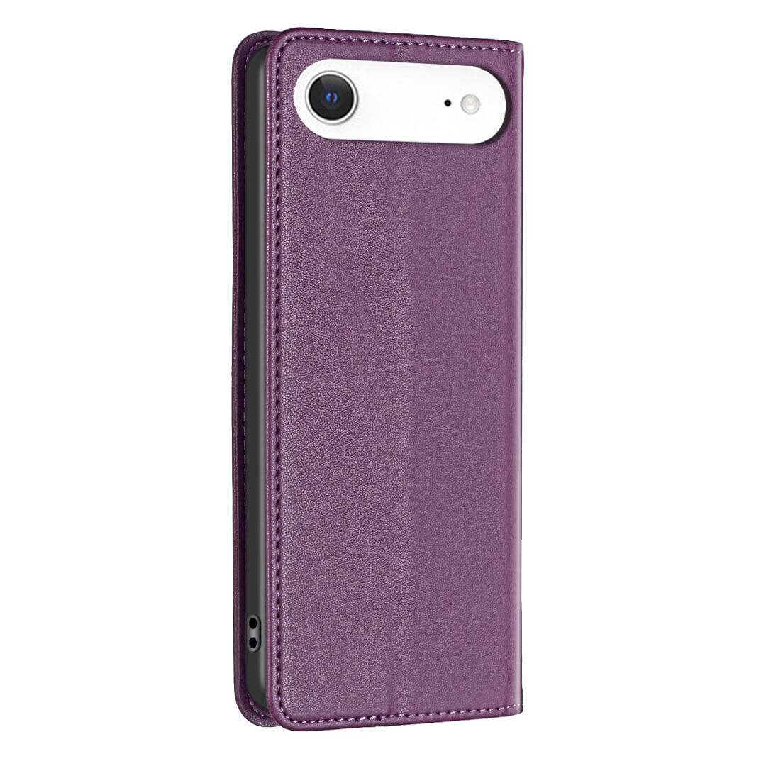 Das iPhone 17 Air - BINFEN Flip Case Hülle von BINFEN Color in lila Kunstleder, dargestellt von hinten und von der Seite mit einem weißen Smartphone im Inneren.