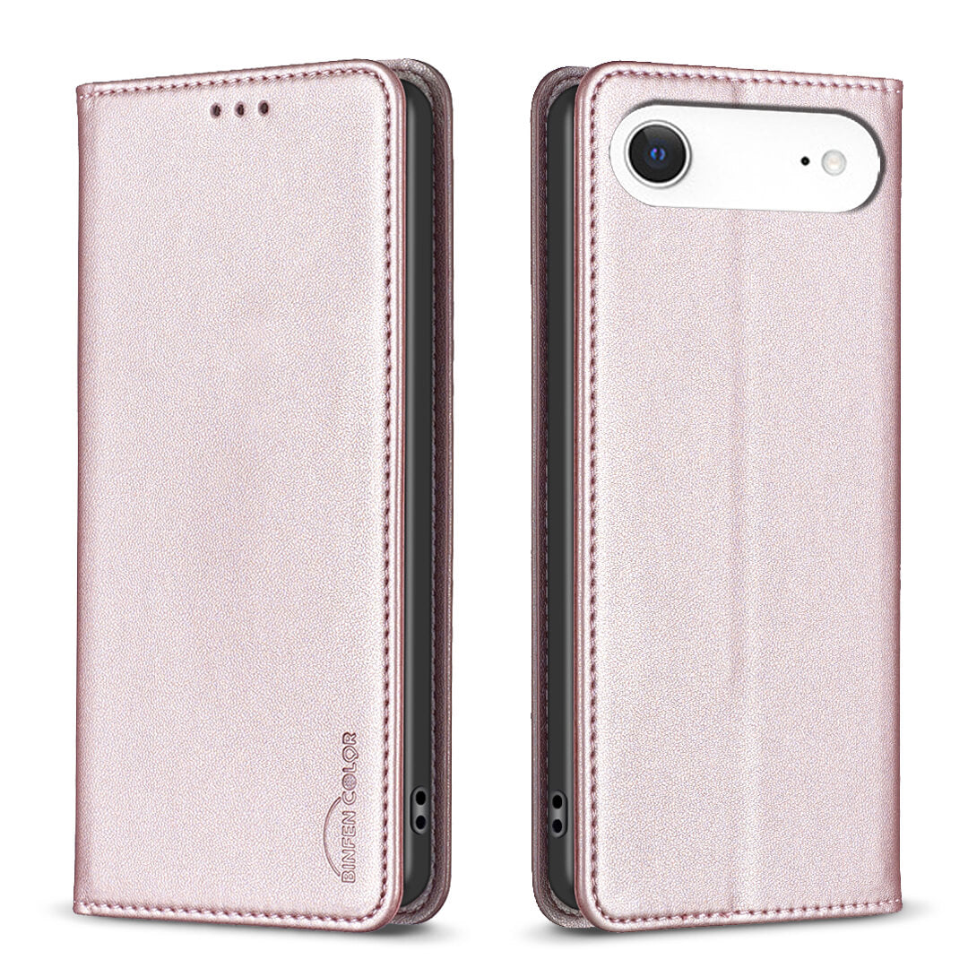 Die BINFEN Color iPhone 17 Air - BINFEN Flip Case Hülle, eine rosafarbene Kunstlederhülle, wird in zwei Ansichten gezeigt: einmal geschlossen und einmal geöffnet mit einem Telefon darin.