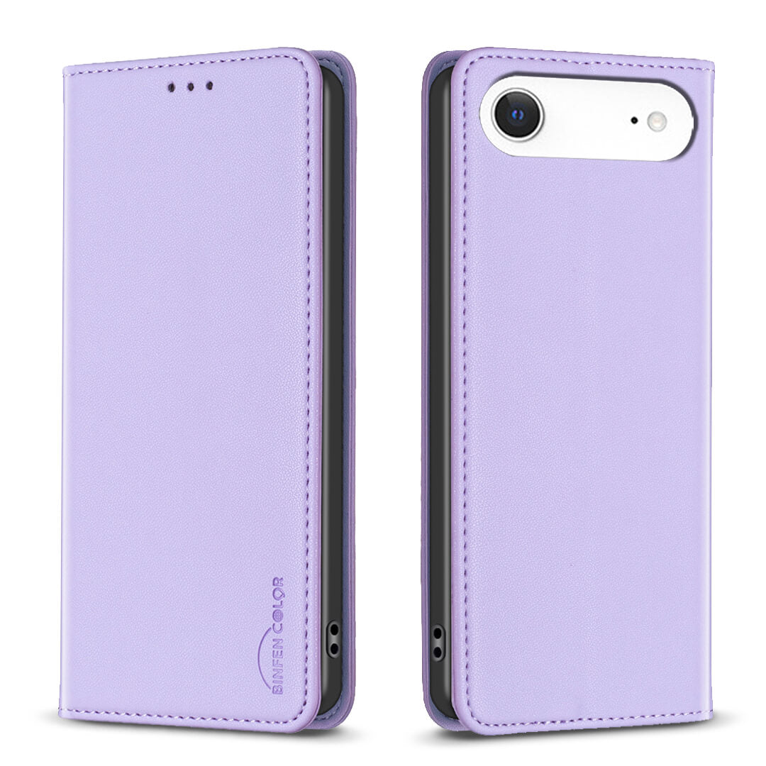 Ein lavendelfarbenes BINFEN Color iPhone 17 Air - BINFEN Flip Case Hülle aus Kunstleder bedeckt ein Smartphone, das sowohl von der Vorder- als auch von der Rückseite gezeigt wird.