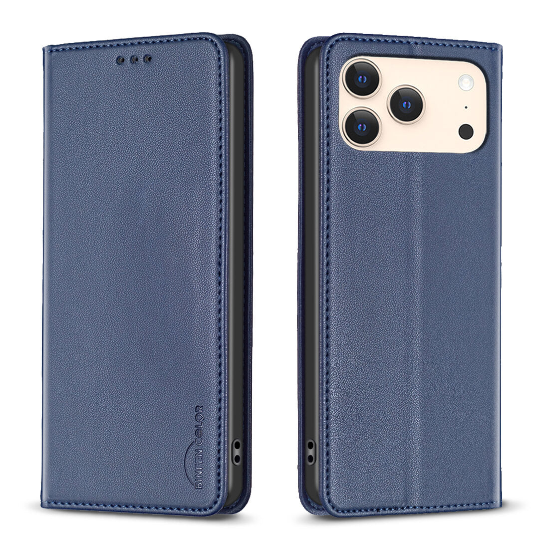 Die iPhone 17 Pro Max - BINFEN Flip Case Hülle von BINFEN Color in Blau schützt Ihr Gerät elegant rundum und zeigt sich vorne und hinten geschlossen - mit eingesetztem Telefon für optimalen Schutz und Stil.