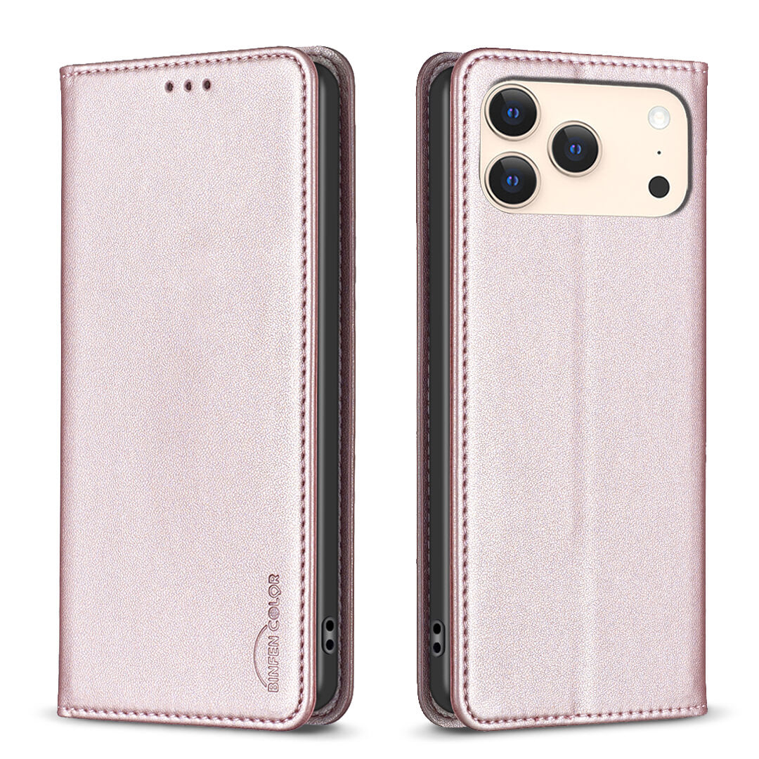 Das BINFEN Color iPhone 17 Pro Max - BINFEN Flip Case Hülle in pinkem Kunstleder kombiniert eleganten Stil mit bestem Smartphone-Schutz, offen und geschlossen mit einem Telefon im Inneren gezeigt. Entworfen für eine perfekte Passform.