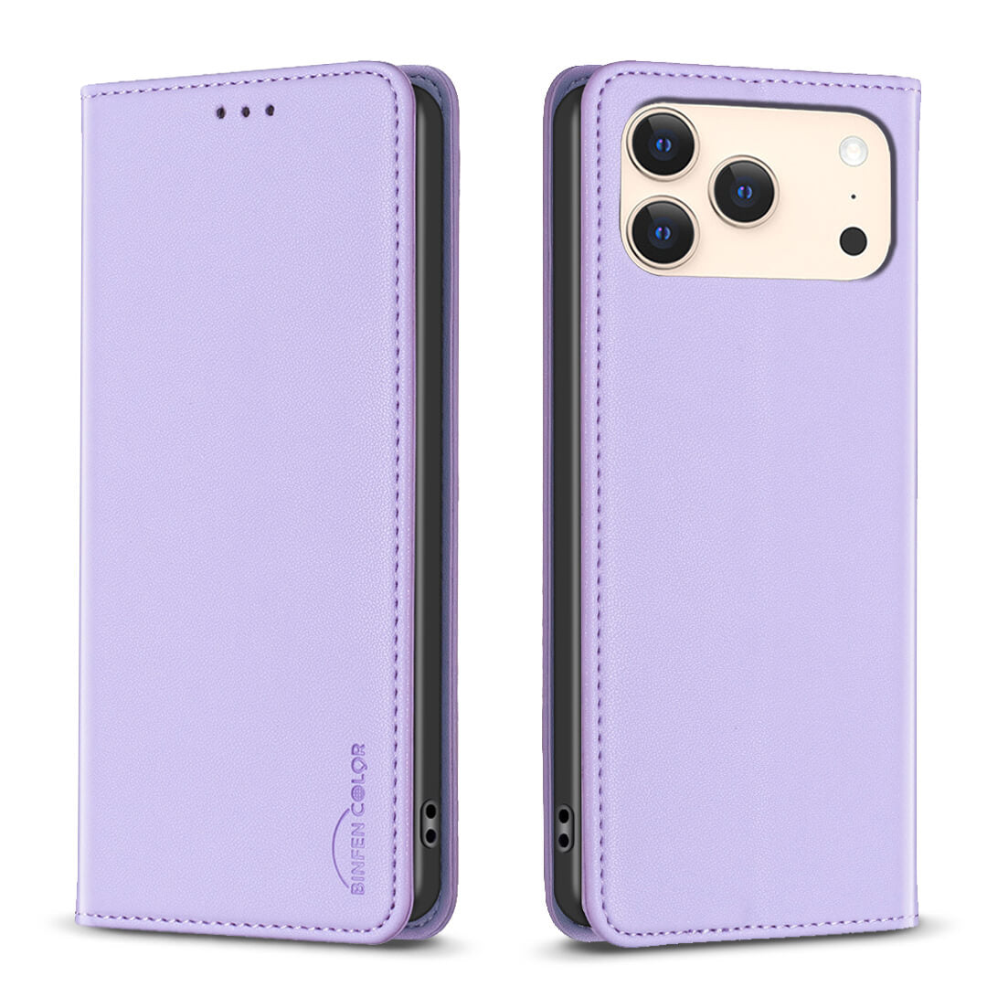 Die iPhone 17 Pro Max - BINFEN Flip Case Hülle von BINFEN Color aus Kunstleder schützt stilvoll mit Flip Cover, passend für Triple-Kamera-Modelle, geöffnet und geschlossen demonstriert.