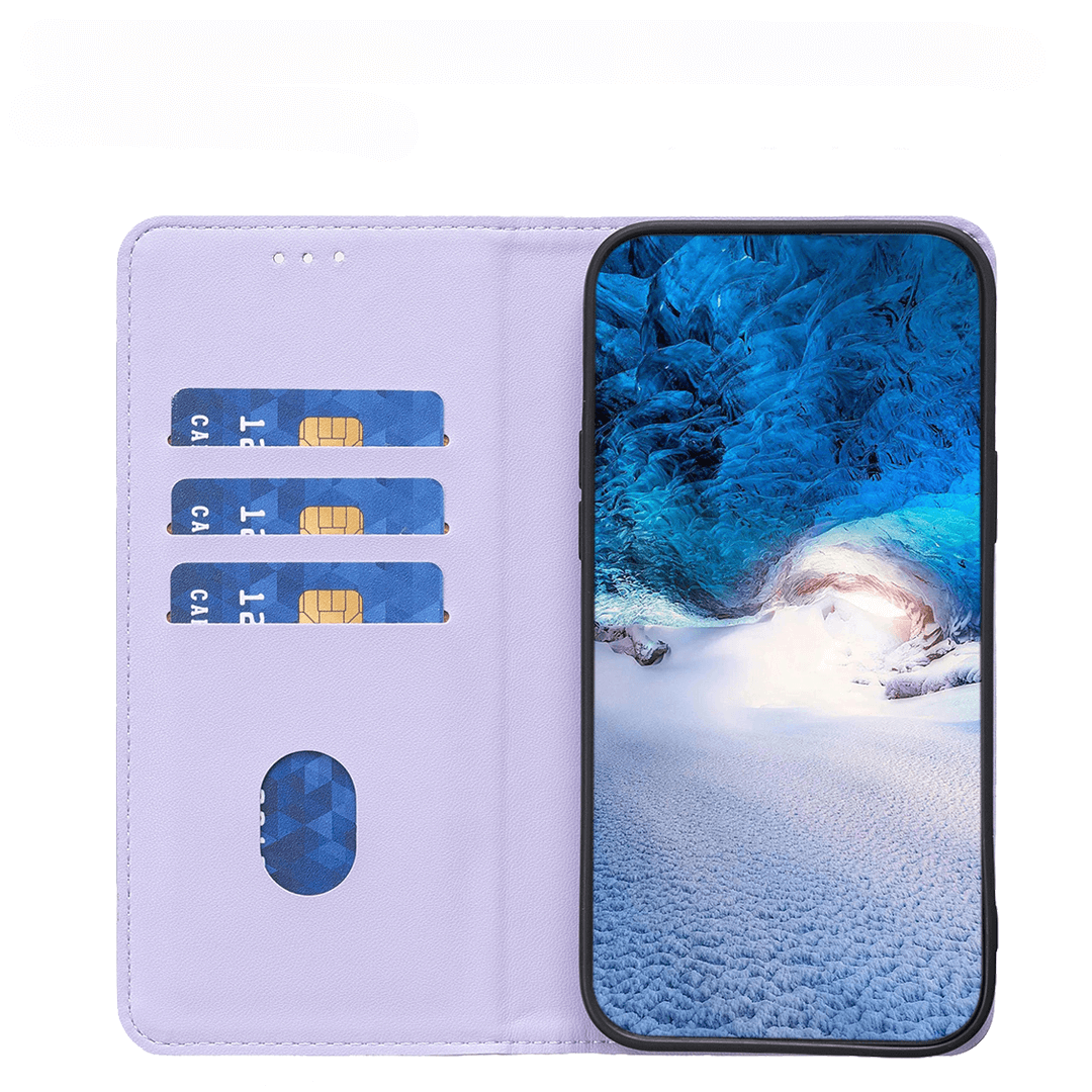 Die BINFEN Color iPhone 17 Pro Max - BINFEN Flip Case Hülle bietet stilvollen Schutz, drei blaue Kartenfächer und zeigt rechts ein Smartphone mit eisiger Landschaft - perfekt für jede Situation.