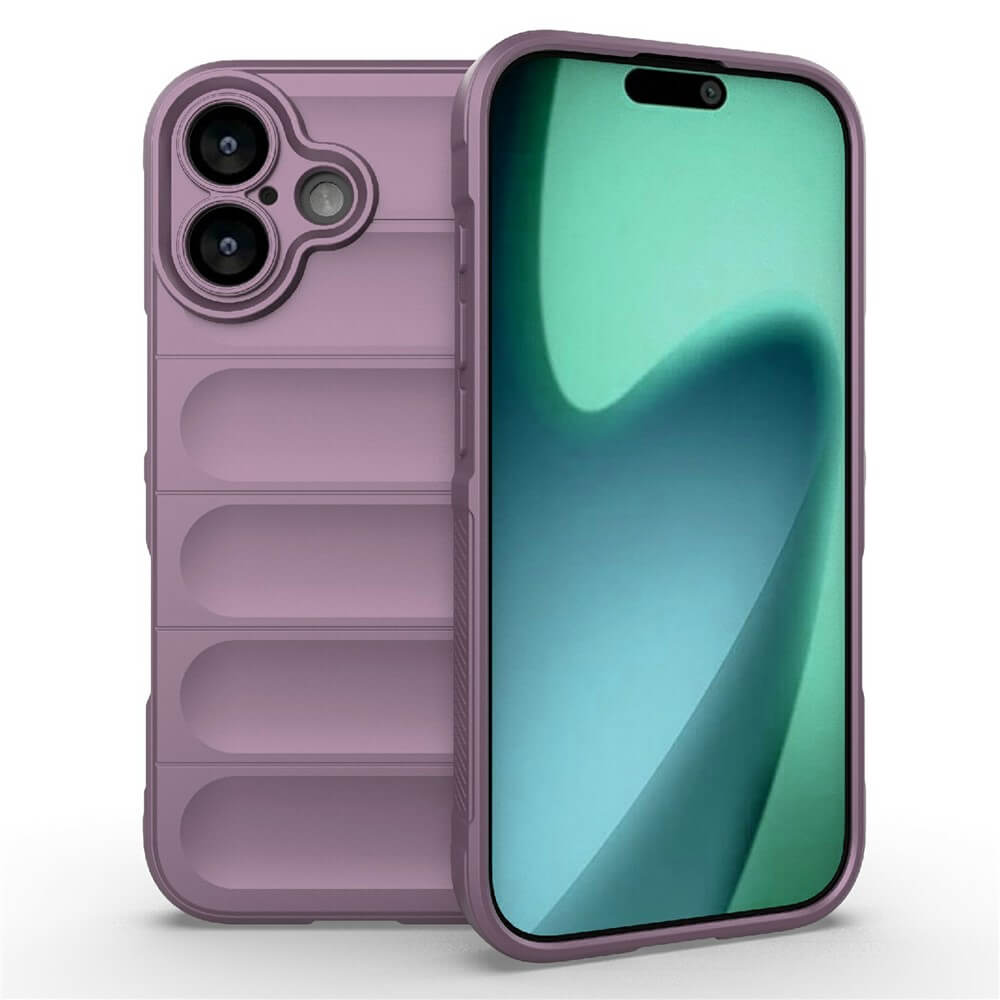 #farbe_violett|Smartphone mit violettem Schutzcase und grün-blauem Farbverlauf, Vorderseite mit Notch, Rückseite mit Doppel-Kameraöffnung.