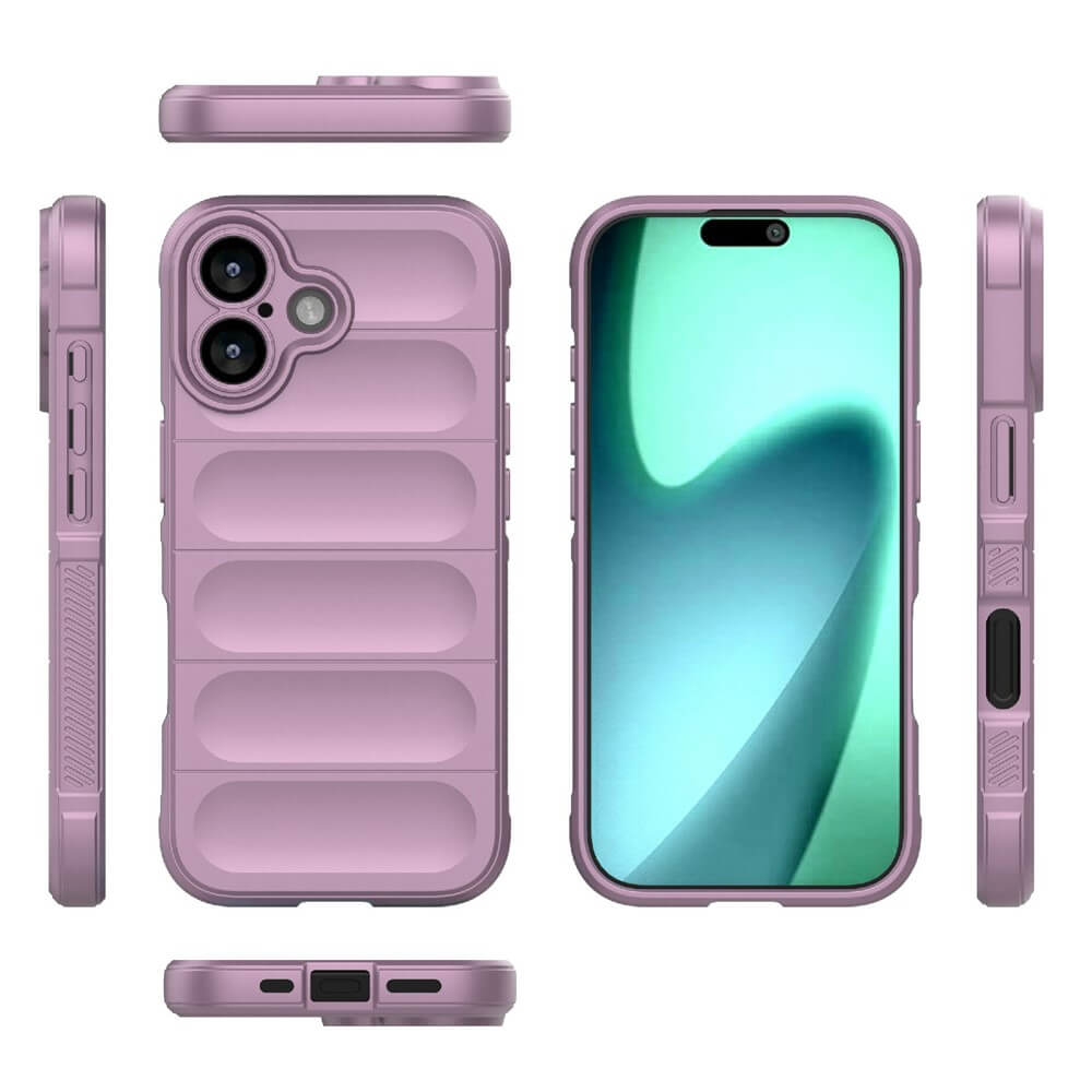 #farbe_violett|Verschiedene Ansichten eines Smartphones in lavendelfarbenem Schutzcase mit Dual-Kamera und strukturiertem Design.