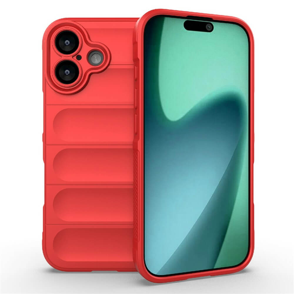 #farbe_rot|Robuste rote Smartphone-Hülle mit segmentiertem Rückendesign und verstärktem Kameraschutz.