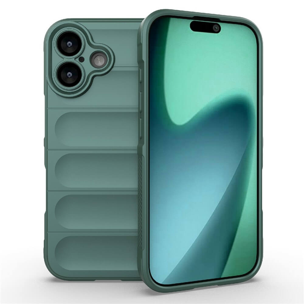 #farbe_grün|Modernes Smartphone mit grünem Schutzcase, Frontansicht mit abstraktem Hintergrund, Rückansicht mit Kameramodul