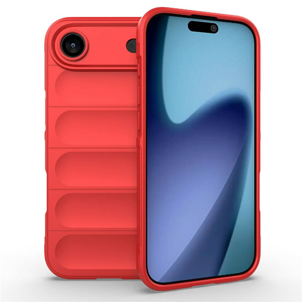 #farbe_rot|Ein Smartphone mit rotem, geripptem Schutzcase und blauem Wellen-Hintergrund auf dem Bildschirm, Vorder- und Rückansicht sichtbar.