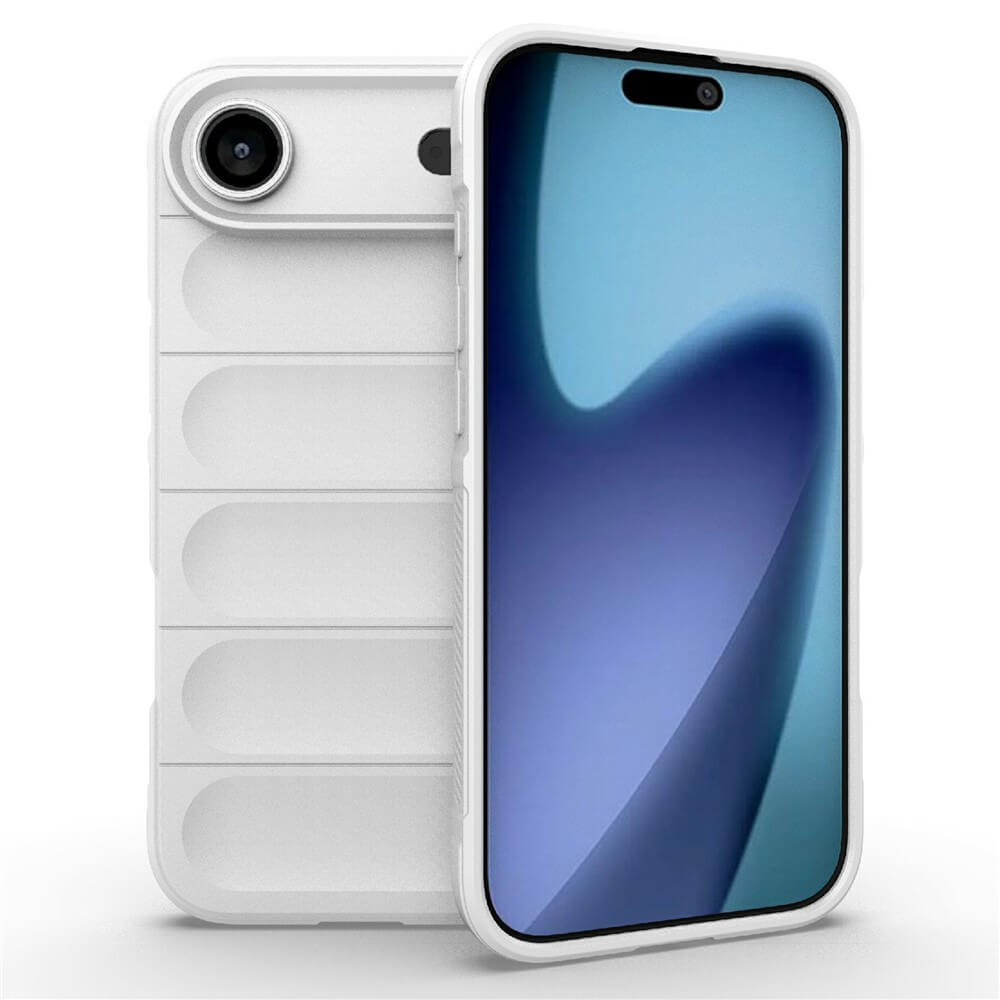 #farbe_weiss|Modernes Smartphone mit weißem, strukturiertem Schutzcase, blau-violettem Farbverlauf auf dem Display und einzelner Kamera auf der Rückseite.