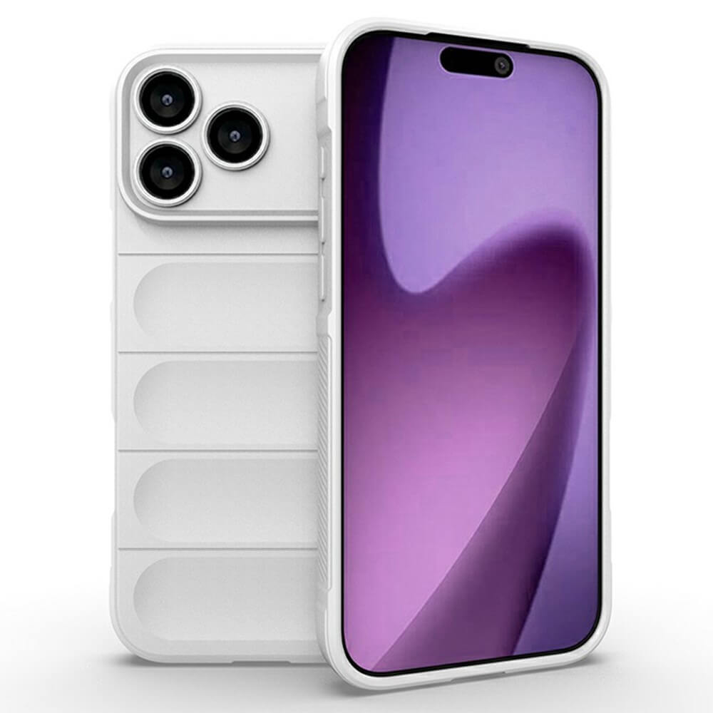 #farbe_weiss|Moderner Smartphone-Frontbildschirm mit großem lila Display, drei Kameras auf weißer Rückseite.