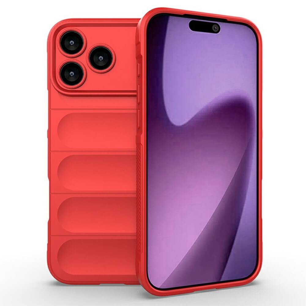 #farbe_rot|Rotes Smartphone mit dreifacher Rückkamera und geriffeltem Schutzcover, lila abstrakter Bildschirmhintergrund.