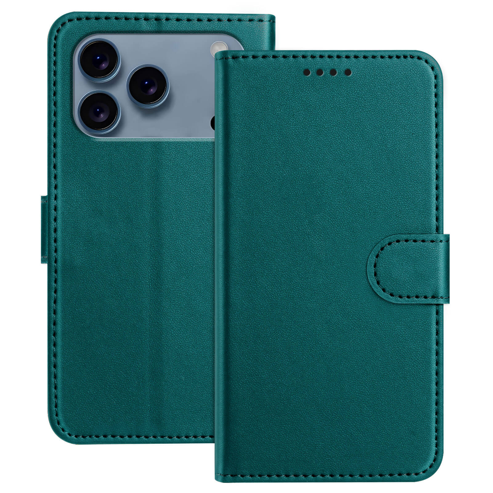 Die Cover-Discount iPhone 17 Pro Max - Elegante Ledertasche in Teal verfügt über einen Magnetverschluss, einen Kameraausschnitt und Kartenfächer und kombiniert so stilvollen Schutz und intelligente Funktionalität für Ihr Gerät. Abgebildet offen und geschlossen.