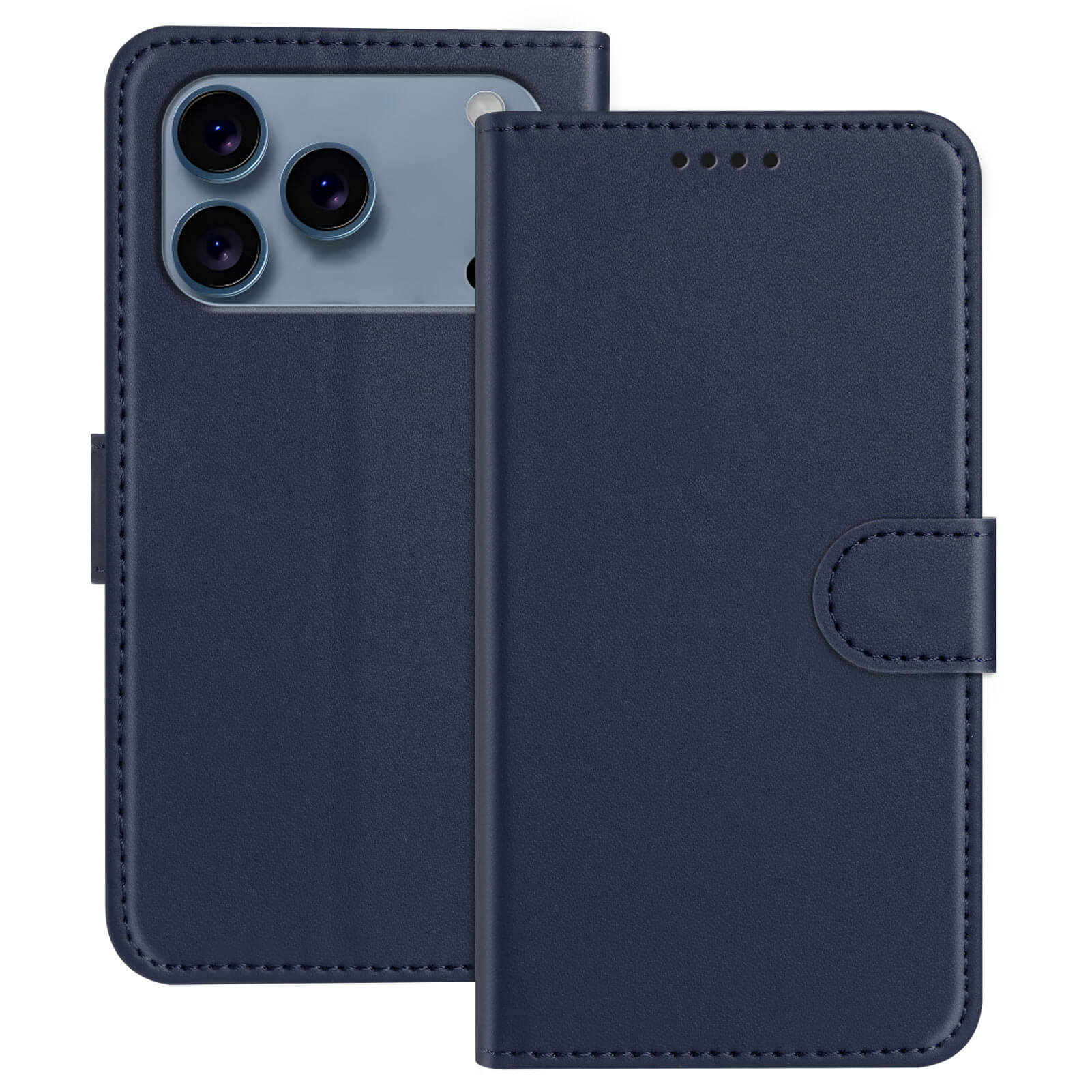 Die Cover-Discount iPhone 17 Pro Max - Elegante Ledertasche in Marineblau wird hinten offen und vorne geschlossen präsentiert und hebt so ihre praktische Handyhülle mit Kartenfächern hervor.