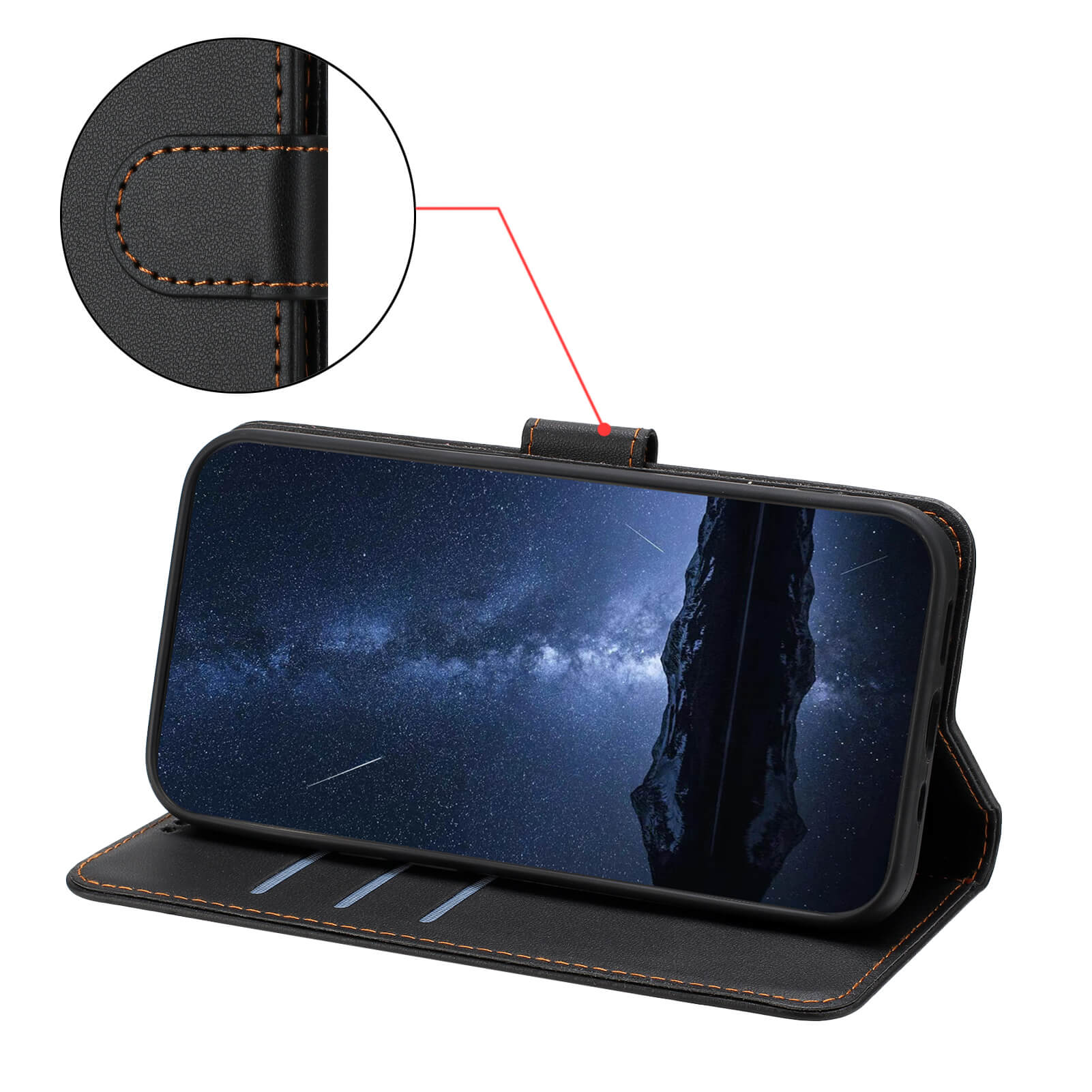 Die Cover-Discount iPhone 17 Pro - Elegante Ledertasche in Schwarz mit orangefarbenen Nähten ist ein echtes Meisterwerk. Das praktische Kartenfach Handyhülle Design hält Ihr Wesentliches organisiert und Ihr Telefon sicher im Stil.