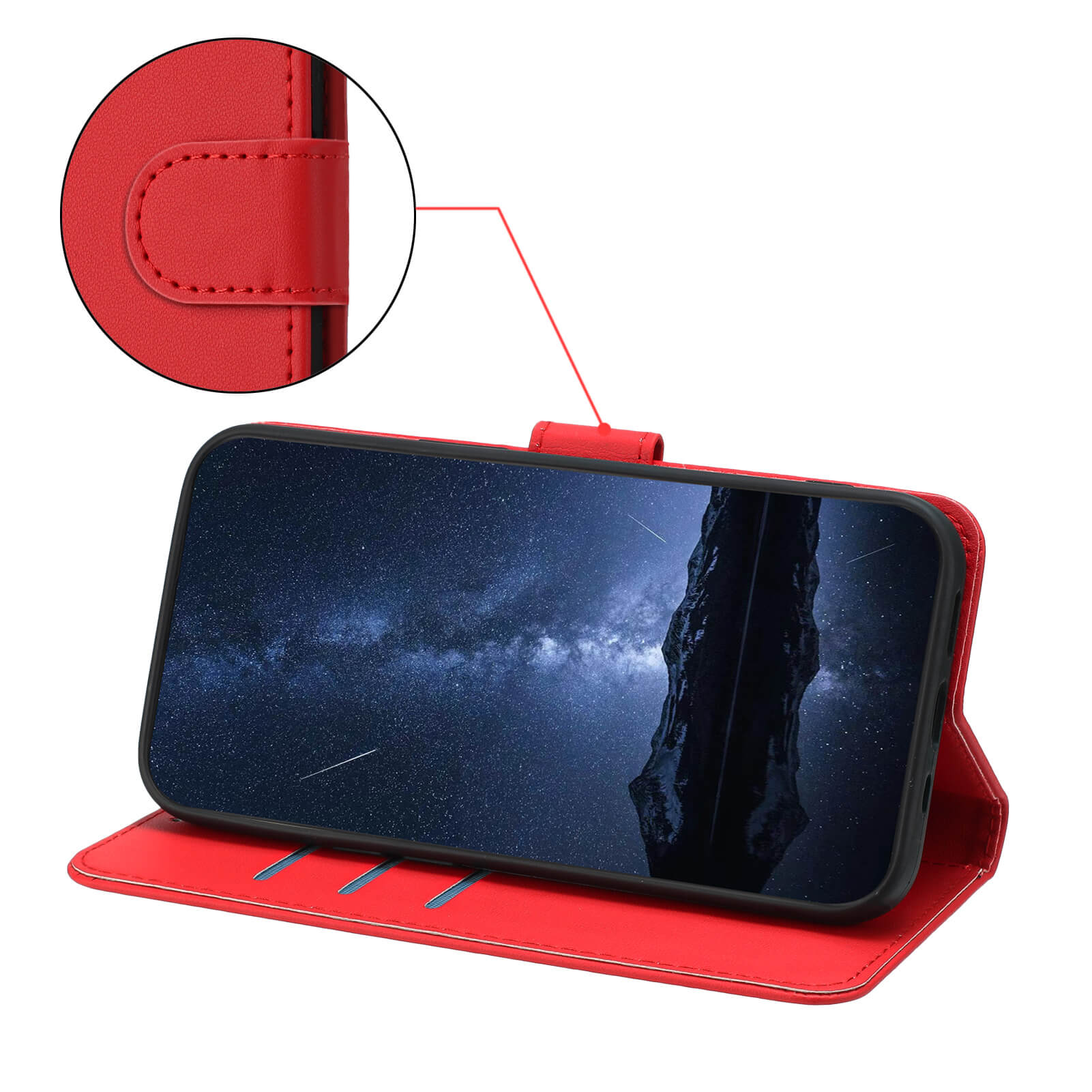 Die Cover-Discount iPhone 17 Pro - Elegante Ledertasche in Rot bietet Standfunktion, magnetischen Verschluss und sicheren Halt im Querformat - mit stilvollem Sternenhimmel-Design.