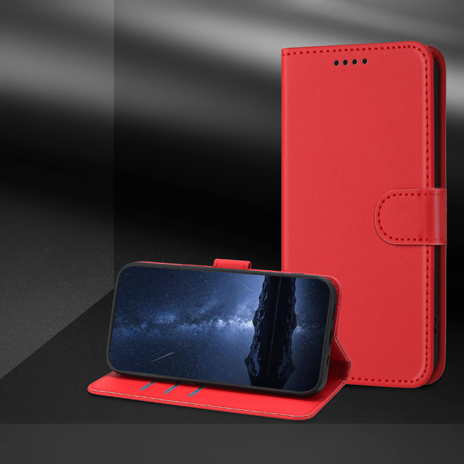 The Cover-Discount iPhone 17 Pro Elegante Ledertasche in Rot mit Standfunktion hält ein Smartphone, das eine Nachtszene zeigt - stilvoller Schutz und praktische Aufstellmöglichkeit.