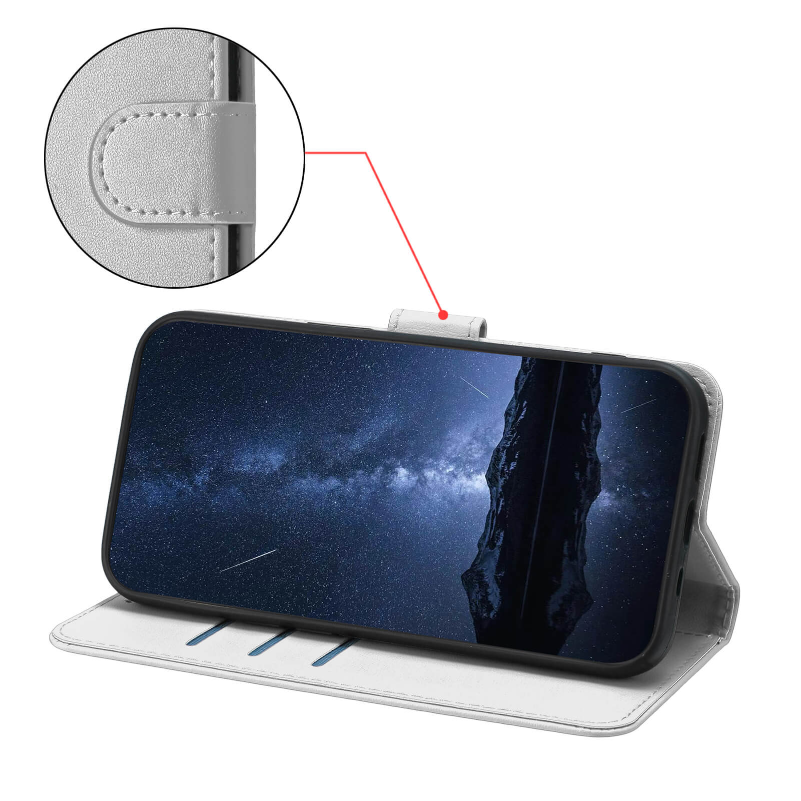 Ein iPhone 17 Pro steht aufrecht in einer grauen Elegante Ledertasche von Cover-Discount; eine Nahaufnahme hebt das Detail des Magnetverschlusses der Tasche hervor.