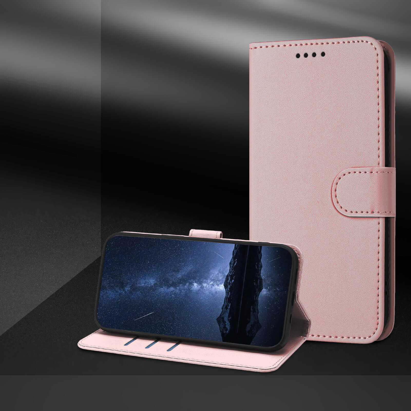 Gezeigt wird die Cover-Discount iPhone 17 Pro - Elegante Ledertasche: einmal geöffnet als Ständer und Telefonhalter, einmal geschlossen, beides vor dunklem Hintergrund.