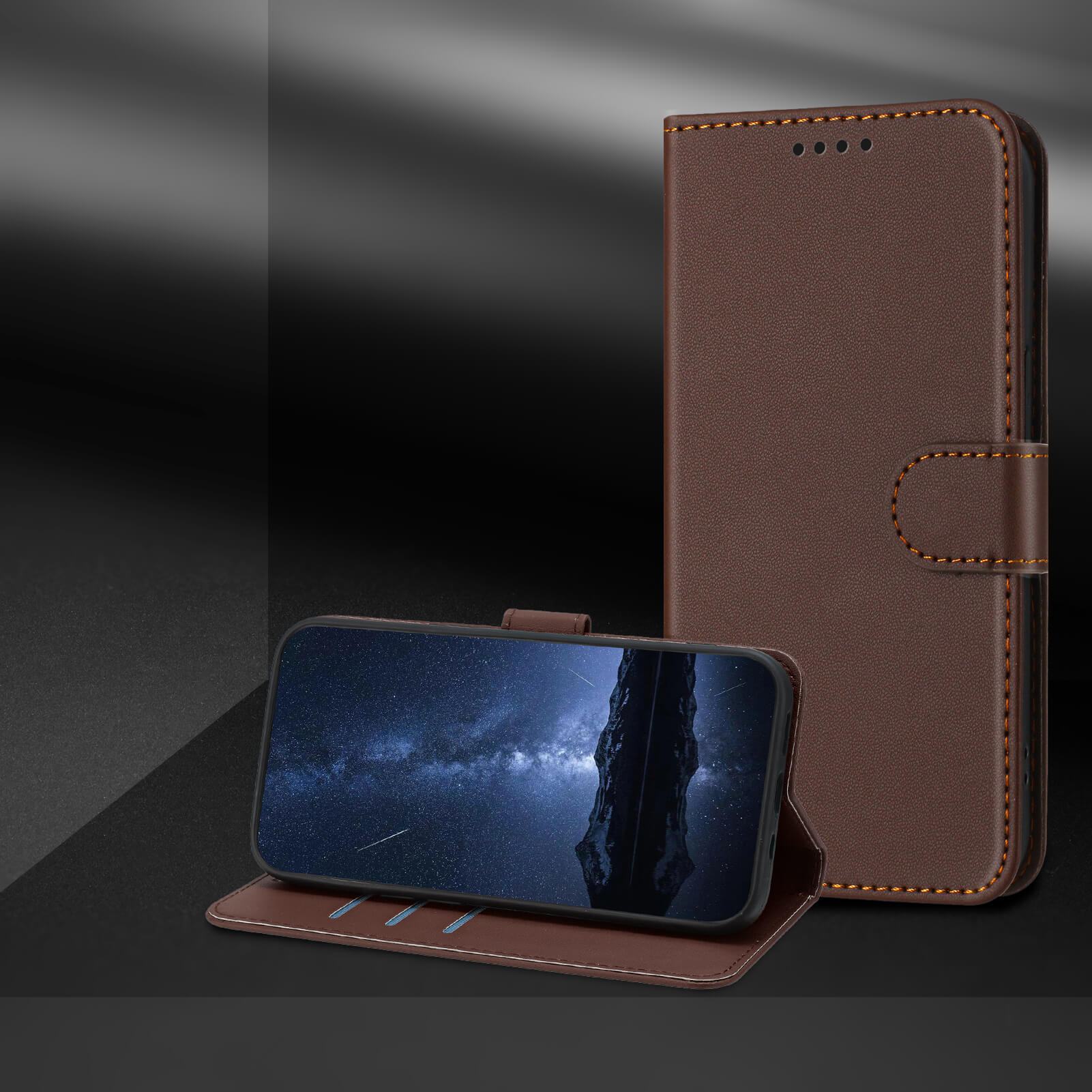 Cover-Discount iPhone 17 Pro - Elegante Ledertasche in Braun mit Standfunktion, präsentiert an einem Smartphone mit Nachthimmel auf dem Display.