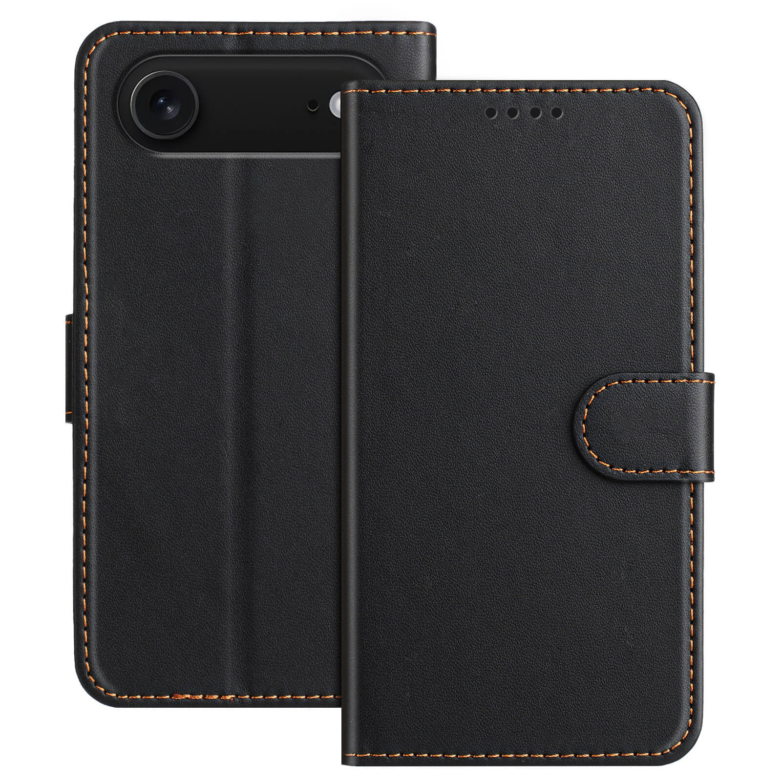 #farbe_schwarz|The Cover-Discount iPhone 17 Air - Elegante Ledertasche in schwarzem Leder mit braunen Nähten, Magnetverschluss und praktischen Kartenfächern - abgebildet offen und geschlossen.