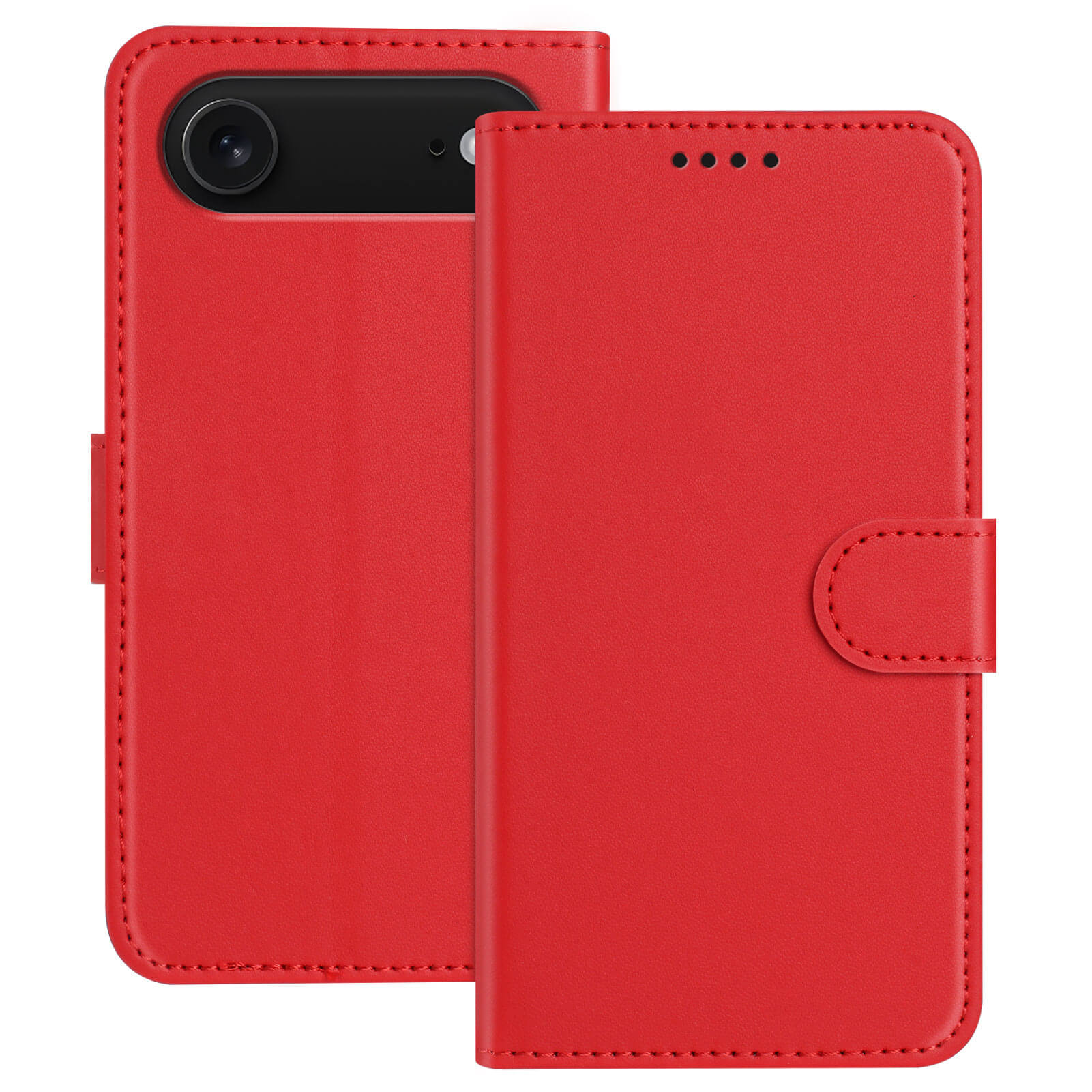 Cover-Discount's iPhone 17 Air - Elegante Ledertasche in Rot, mit Magnetverschluss, Kartenfächern und praktischer Standfunktion, wird von vorne und hinten gezeigt und ist passgenau für das Smartphone gefertigt.