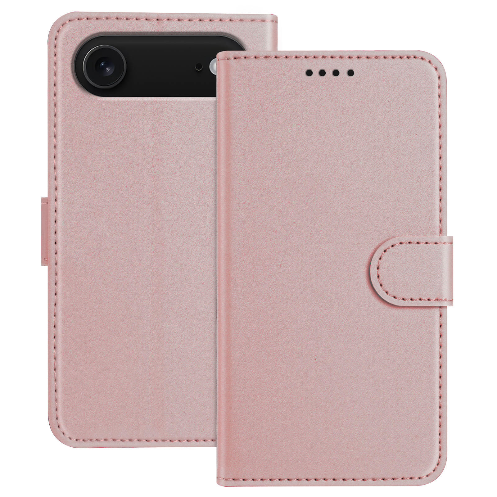 Cover-Discount iPhone 17 Air - Elegante Ledertasche in Pink, mit Magnetverschluss, Kartenfächern und Standfunktion; abgebildet offen (Rückseite) und geschlossen (Vorderseite).