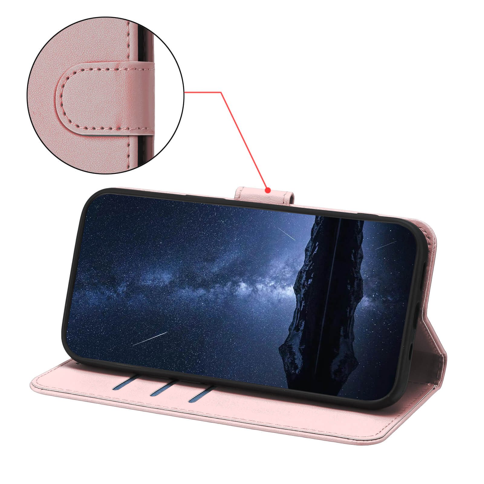 Cover-Discount iPhone 17 Air - Elegante Ledertasche in Pink mit Magnetverschluss, Kartenfächern und Standfunktion, die ein Telefon mit Nachthimmel abstützt.