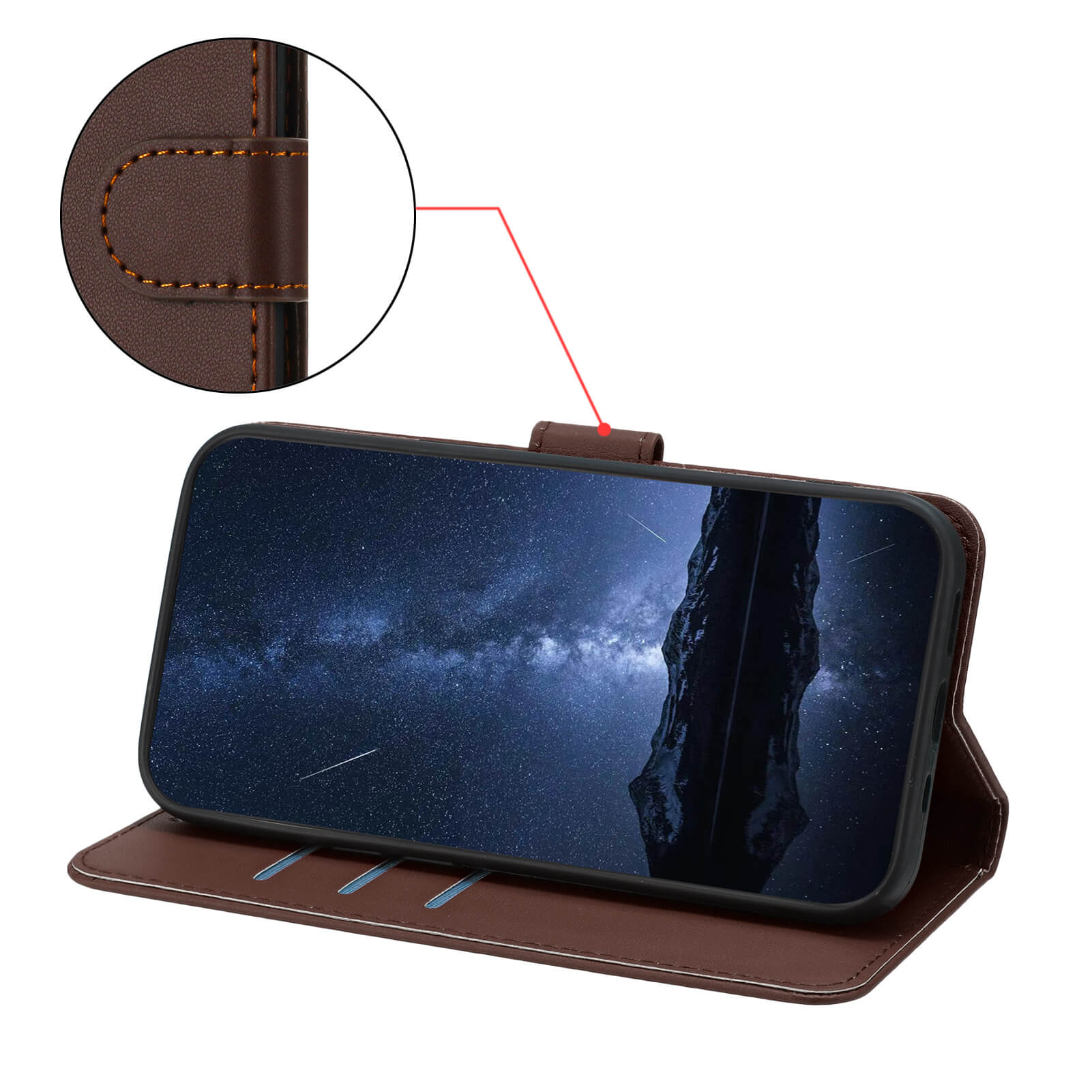 Die Cover-Discount iPhone 17 Air - Elegante Ledertasche zeichnet sich durch braunes Leder, sichtbare Nähte und eine praktische Standfunktion für den aufrechten Gang aus; die Nahaufnahme zeigt die detaillierte Verarbeitung.