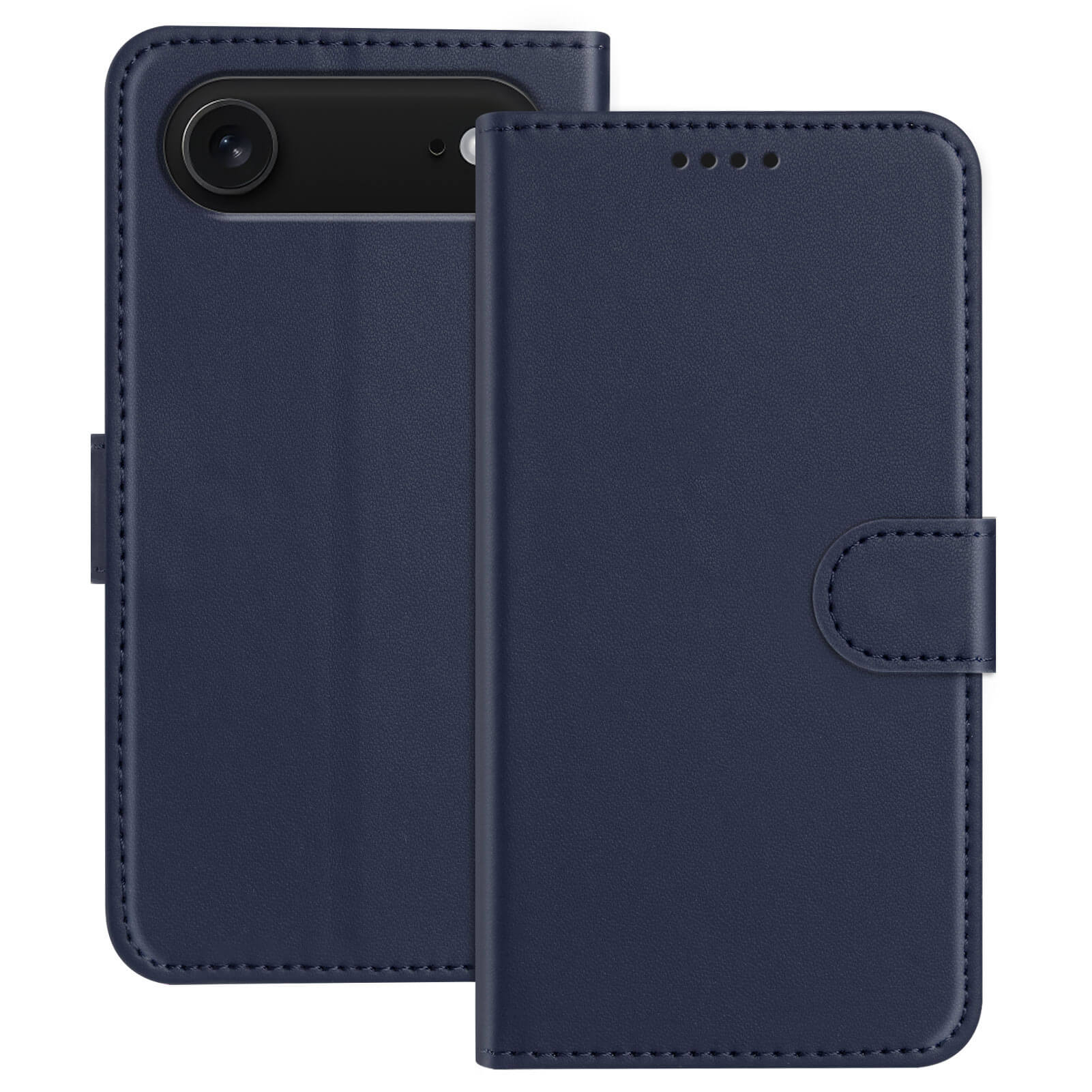 Die Cover-Discount iPhone 17 Air - Elegante Ledertasche in Marineblau verfügt über einen Magnetverschluss, praktische Kartenfächer und eine praktische Standfunktion, die auf der Rückseite offen und auf der Vorderseite geschlossen dargestellt ist.