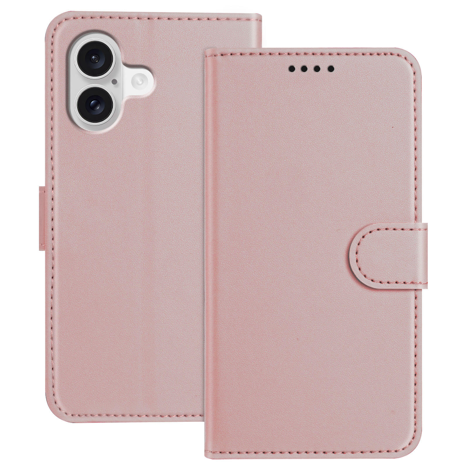 Die Cover-Discount iPhone 17 - Elegante Ledertasche besticht mit Leder-Optik, Kameraausschnitt, Magnetverschluss und praktischen Kartenfächern - gezeigt geöffnet und geschlossen.
