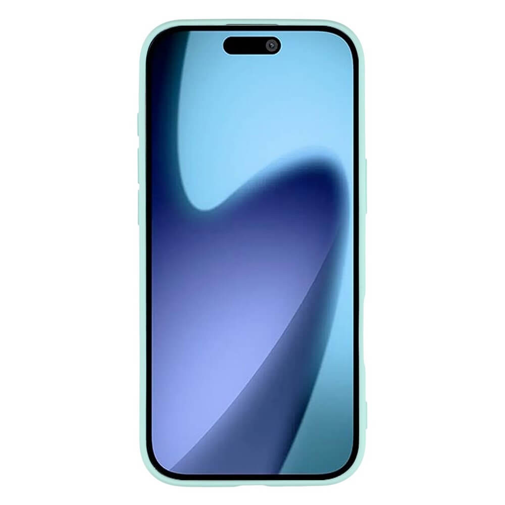 Smartphone mit mintgrünem Schutzcase, gradientem Bildschirm in Blau- und Lilatönen, und Pillen-Notch