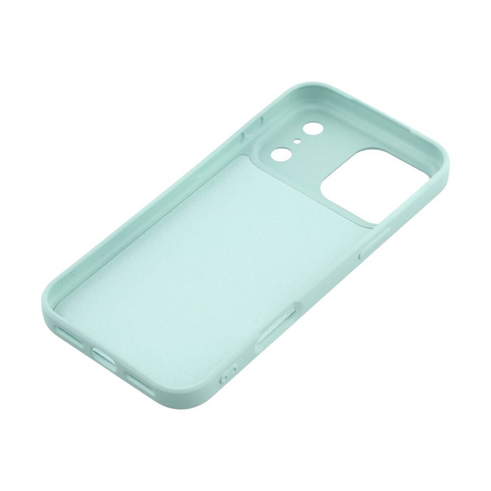 Mintgrüne Smartphone-Hülle mit präzisen Aussparungen für Kamera und Tasten, elegant und glatt verarbeitet.