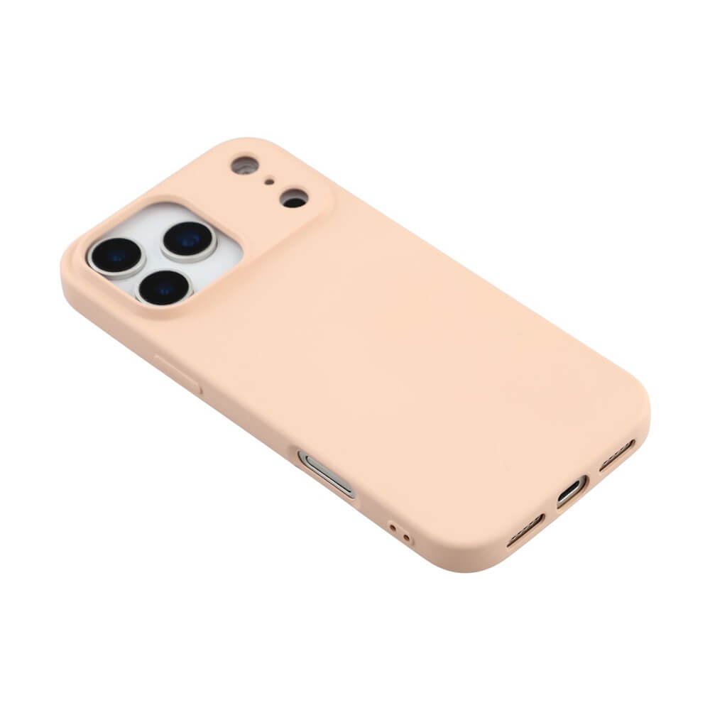 Smartphone mit pfirsichfarbenem Gehäuse, drei Kameralinsen auf der Rückseite, fein verarbeitet, minimalistisch.