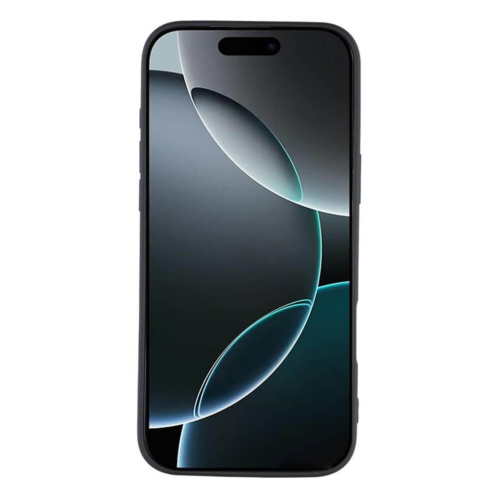 Moderner Smartphone-Frontansicht mit schwarzem Rahmen und blau-grauem abstrakten Hintergrund.