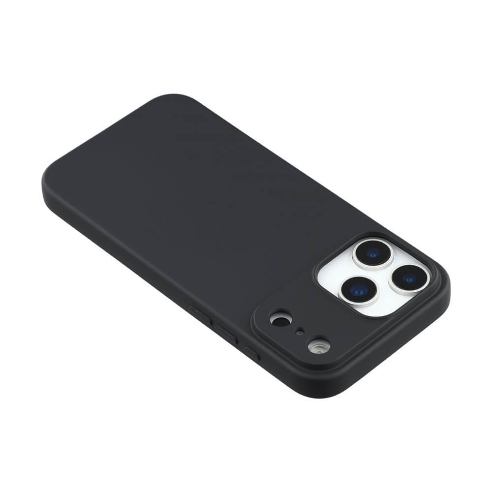 Schwarze Smartphone-Hülle mit mattierter Oberfläche, geeignet für weißes Telefon mit Dreifach-Kamera.