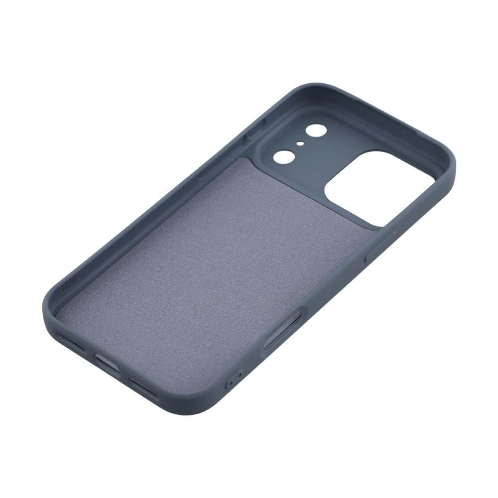 Blau-graue Schutzhülle für Smartphones mit präzisen Aussparungen für Kamera und Tasten, minimalistisches Design.