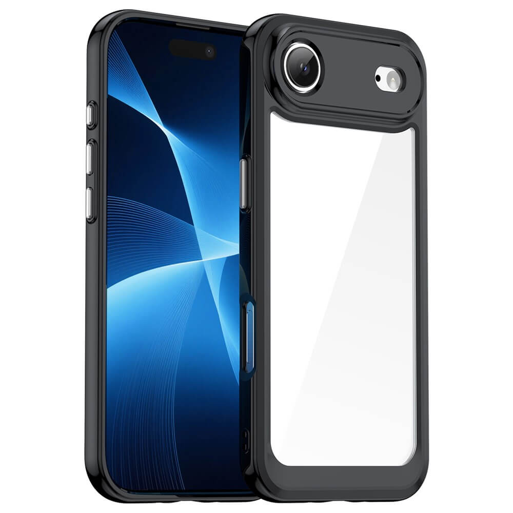 Zwei schwarze Smartphone-Hüllen: vorne mit blauem Bildschirm, hinten mit transparentem Feld und Kamerahalterung.