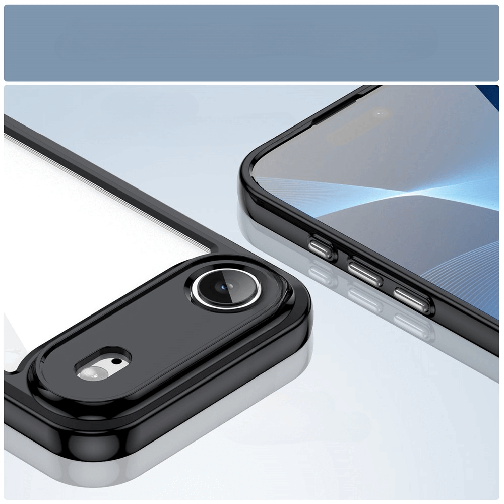 Nahaufnahme eines Smartphones mit schwarzer Schutzhülle, großer Kameralinse, blauem Bildschirm und Seitentasten.