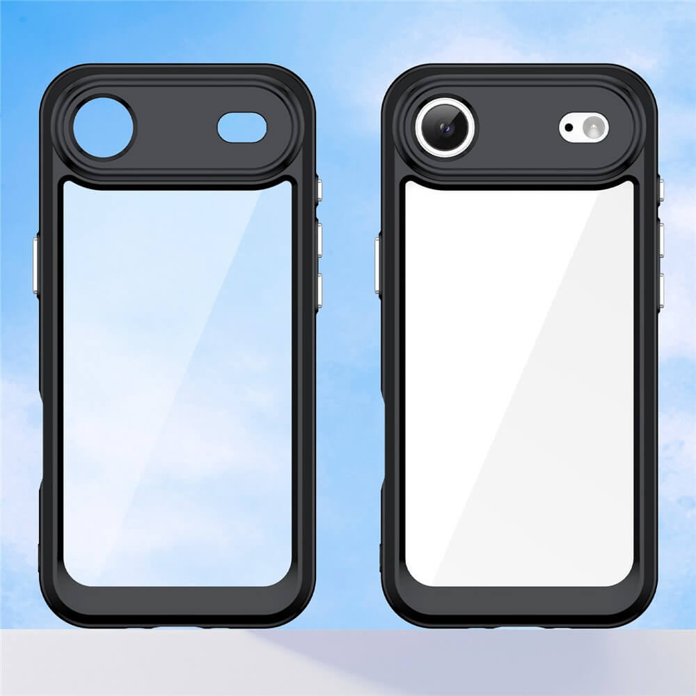 Zwei schwarze Smartphonehüllen mit transparenten Rückseiten und Kameraausschnitten auf weißer Fläche, blauem Himmel.