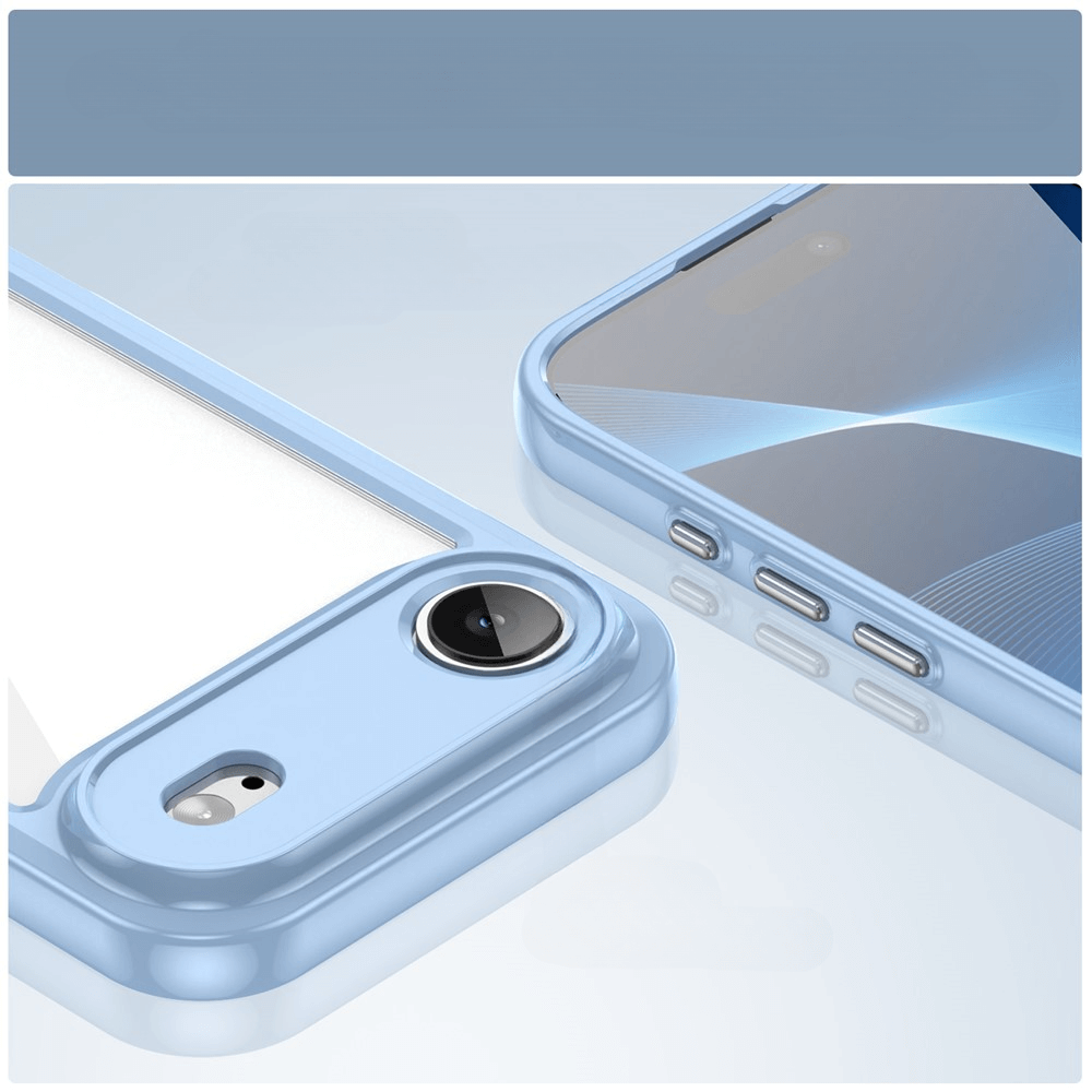 Modernes Smartphone in hellblauem Metallic-Finish mit Frontbildschirm und Rückkamera mit zwei Objektiven