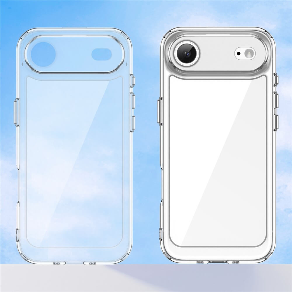 Transparente Schutzhüllen für Smartphones mit Aussparungen vor blauem Himmel mit weißen Wolken.