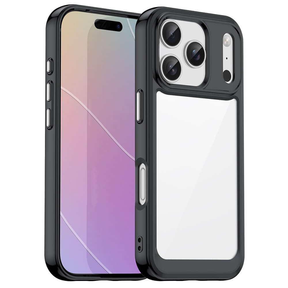 #farbe_schwarz|Schwarze Schutzhülle mit weißem Rückenteil schützt modernes Smartphone mit Dreifachkamera vor weißem Hintergrund.