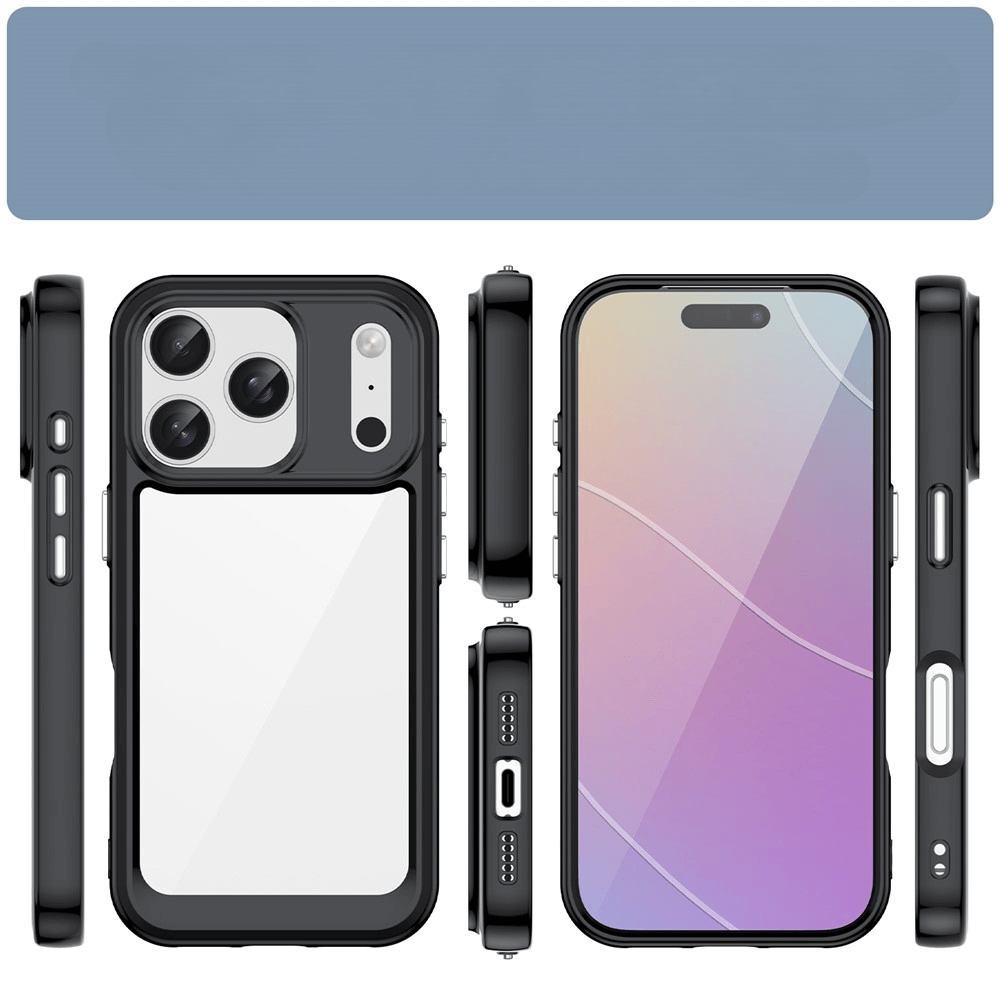 #farbe_schwarz|Smartphone mit schwarzer Hülle, Dreifachkamera und Display mit pastellfarbenem Verlauf