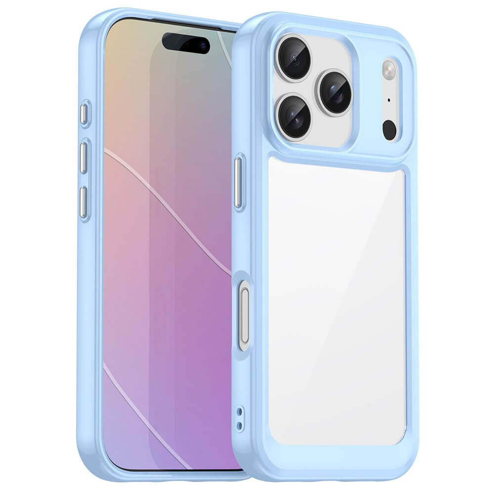 Die Cover-Discount iPhone 17 Pro Schützende Acryl-Handyhülle mit erhöhtem Rand in Hellblau und Weiß bietet stilvollen, kratzfesten Schutz für Kamera und Display.
