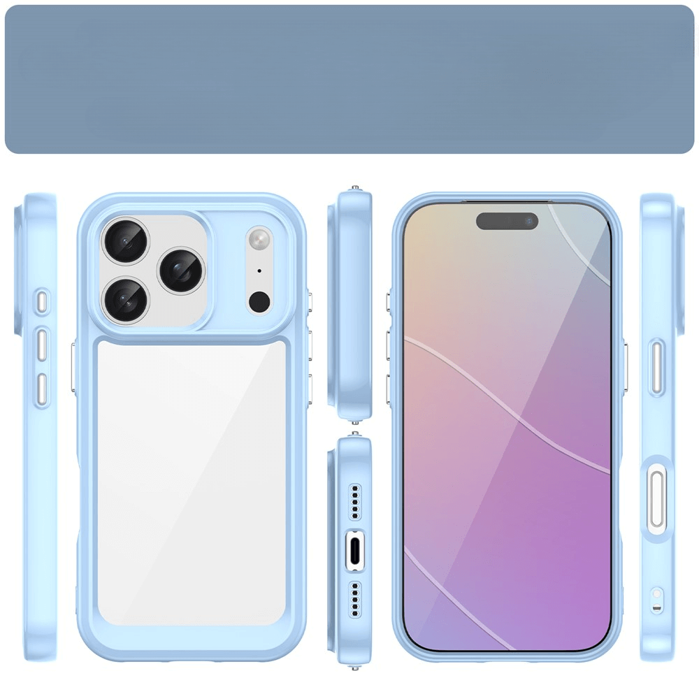 Die iPhone 17 Pro - Schützende Acryl-Handyhülle mit erhöhtem Rand von Cover-Discount wird in Hellblau aus verschiedenen Blickwinkeln gezeigt - mit eingesetztem Gerät und Pastell-Gradient-Display. Transparentes Cover vereint Stil und Schutz.