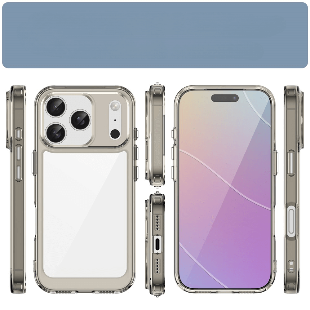 Modernes Smartphone mit durchsichtigem Schutzgehäuse, Dreifachkamera und seitlichen Bedientasten.