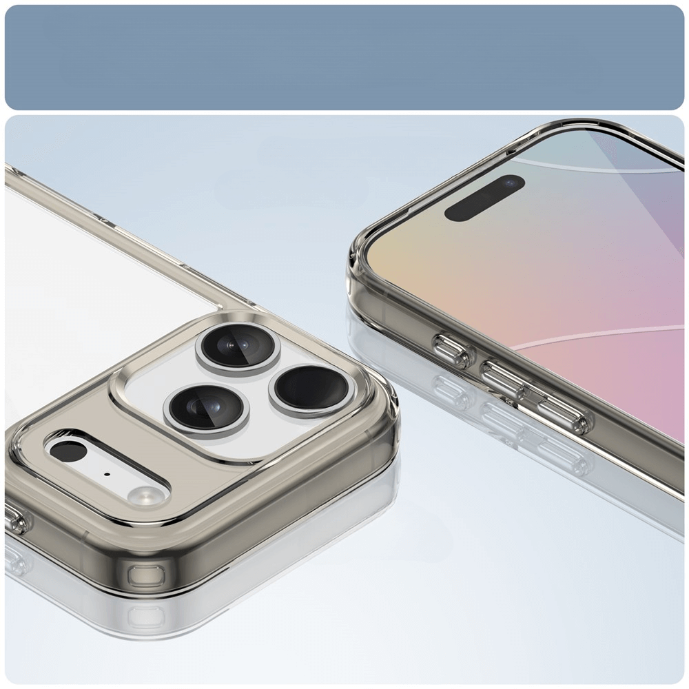 Zwei iPhone 17 Pro mit transparenter Acryl-Handyhülle von Cover-Discount, eines mit sichtbarem Display, eines mit den Kameras; die kratzfeste Hülle bietet zuverlässigen Schutz und betont das Design dank erhöhtem Rand.