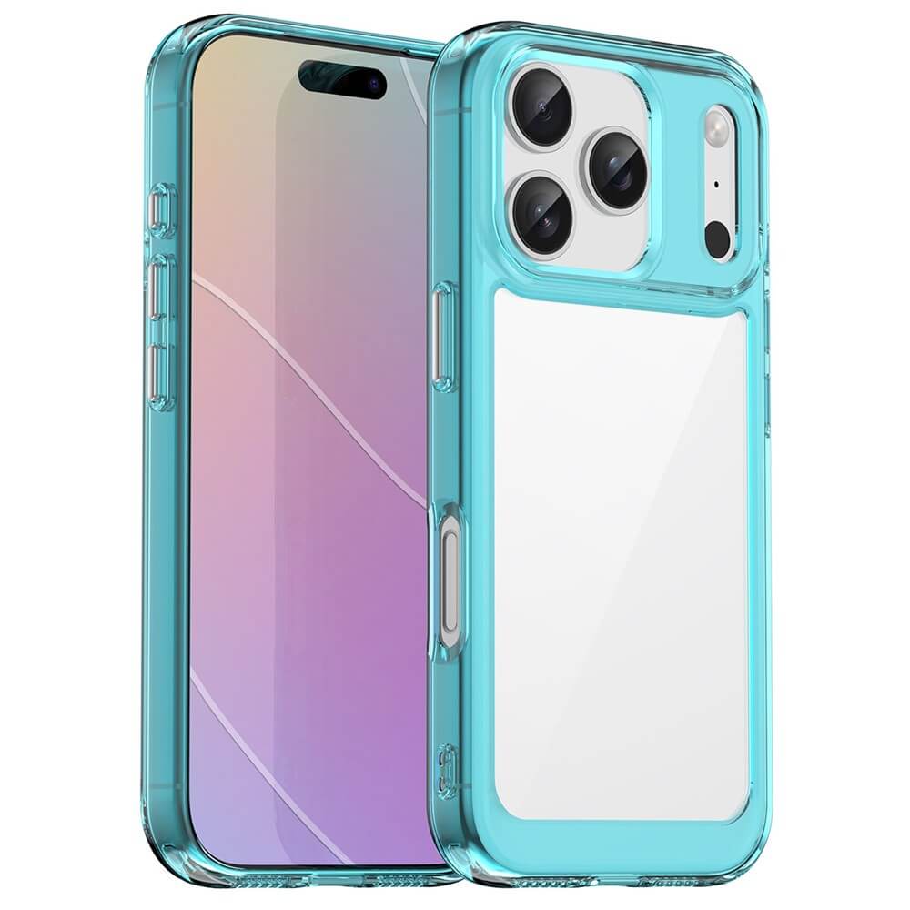 Zwei Smartphones in transparenten QuickSnap® TV Schutzhüllen mit blauem Rahmen, präzisen Aussparungen für Kamera und Tasten.